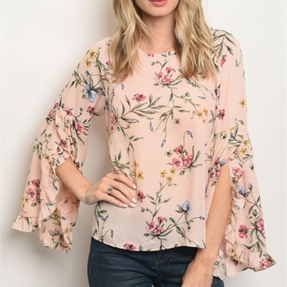 Tops - Fluted Sleeve Blush Floral Top